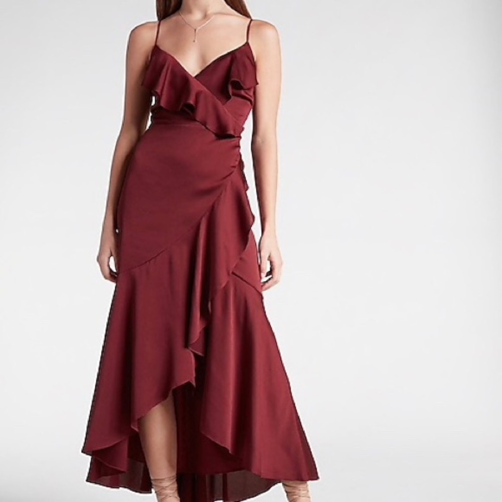 Satin Ruffle Wrap High-Low Maxi Dress